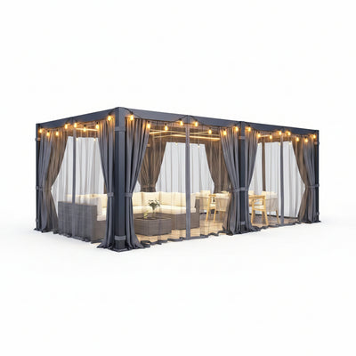12' X 20' Pergola with Curtain & Adjustable Roof & Aluminum Frame for Patio