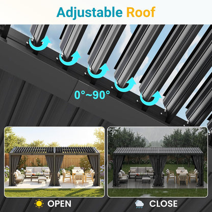 12' X 20' Pergola with Curtain & Adjustable Roof & Aluminum Frame for Patio