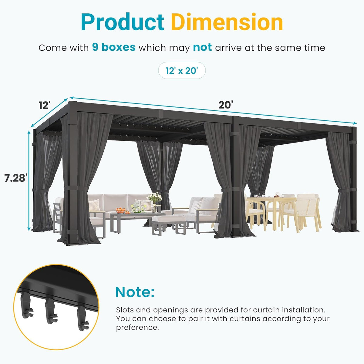 12' X 20' Pergola with Curtain & Adjustable Roof & Aluminum Frame for Patio