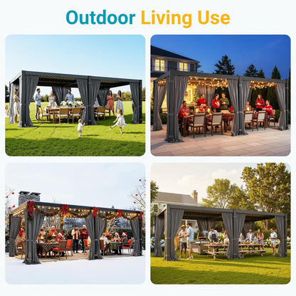 12' X 20' Pergola with Curtain & Adjustable Roof & Aluminum Frame for Patio
