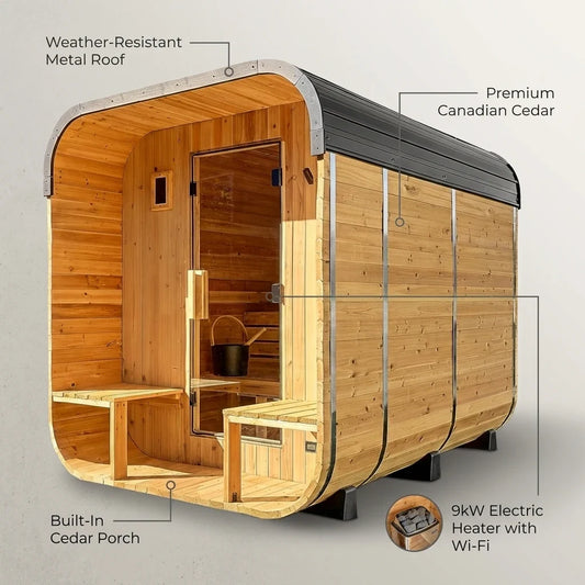Backyard Discovery Lennon 4-6 Person Traditional Cedar Outdoor Cube Sauna with Porch, Electric Sauna Heater, Sauna Rocks, Dry Heat, Steam Sauna, LED Lights, Wi-Fi Control, Sauna Accessories — infographic