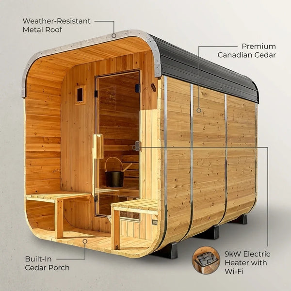 Backyard Discovery Lennon 4-6 Person Traditional Cedar Outdoor Cube Sauna with Porch, Electric Sauna Heater, Sauna Rocks, Dry Heat, Steam Sauna, LED Lights, Wi-Fi Control, Sauna Accessories — infographic